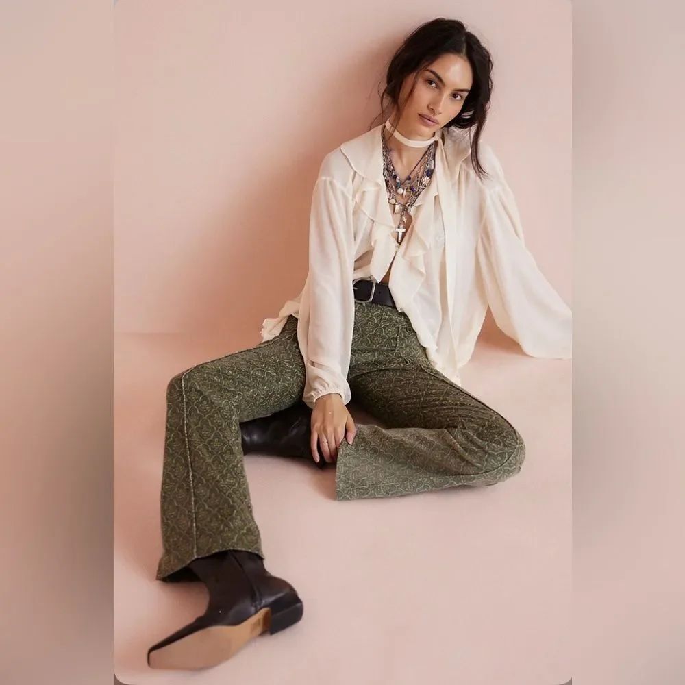 Free People City Line Slim Green Pattern Pants